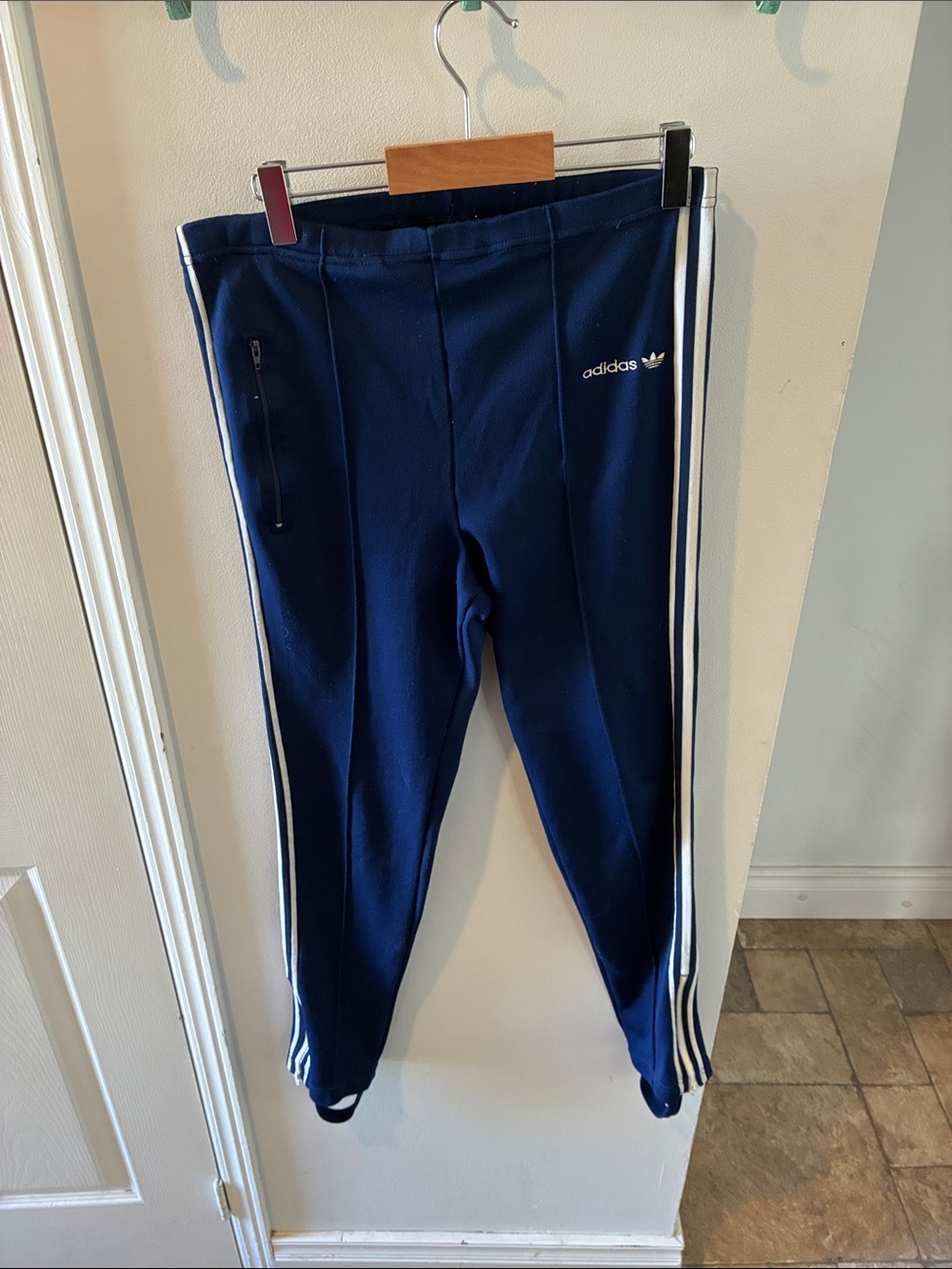 Vintage 1970’s adidas Navy Track Pants with White 3-Stripe Trim and stirrups